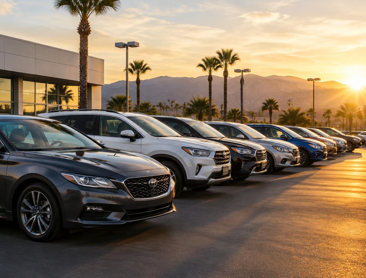 Row of quality used vehicles on a dealership lot in Southern California at sunset