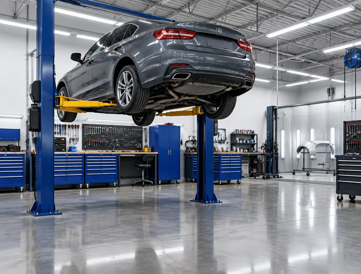 Vehicle on a lift inside a clean, professional auto repair facility