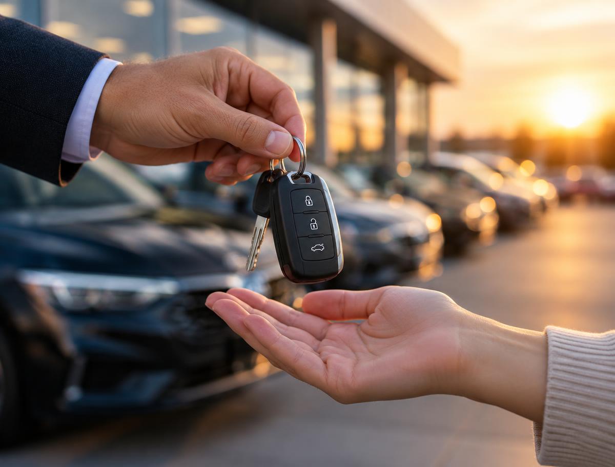 Car keys being handed over in front of a dealership at sunset